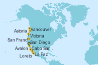 Visitando San Diego (California/EEUU), Cabo San Lucas (México), La Paz (México), Loreto (México), San Diego (California/EEUU), Avalon (California/EEUU), San Francisco (California/EEUU), San Francisco (California/EEUU), Astoria  (Oregón), Victoria (Canadá), Vancouver (Canadá)