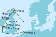 Visitando Ámsterdam (Holanda), Cork (Irlanda), Liverpool (Reino Unido), Dun Laoghaire (Dublin/Irlanda), Holyhead (Gales/Reino Unido), Glasgow (Escocia), Belfast (Irlanda), Inverness (Escocia), Ámsterdam (Holanda)
