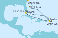 Visitando Miami (Florida/EEUU), Philipsburg (St. Maarten), Charleston (Carolina del Sur), St. John´s (Antigua y Barbuda), Virgin Gorda (Islas Virgenes), Cayo Hueso (Key West/Florida), Miami (Florida/EEUU)