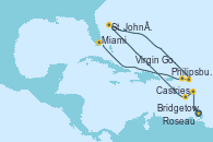 Visitando Bridgetown (Barbados), Castries (Santa Lucía/Caribe), Roseau (Dominica), St. John´s (Antigua y Barbuda), Philipsburg (St. Maarten), Virgin Gorda (Islas Virgenes), Miami (Florida/EEUU)