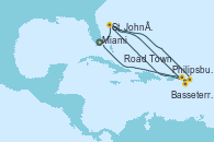 Visitando Miami (Florida/EEUU), St. John´s (Antigua y Barbuda), Philipsburg (St. Maarten), St. John´s (Antigua y Barbuda), Basseterre (Antillas), Road Town (Isla Tórtola/Islas Vírgenes), Miami (Florida/EEUU)