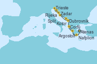 Visitando Atenas (Grecia), Argostoli (Grecia), Corfú (Grecia), Dubrovnik (Croacia), Zadar (Croacia), Trieste (Italia), Rijeka (Croacia), Split (Croacia), Kotor (Montenegro), Nafplion (Grecia), Atenas (Grecia)
