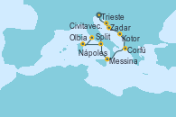 Visitando Trieste (Italia), Zadar (Croacia), Split (Croacia), Kotor (Montenegro), Corfú (Grecia), Messina (Sicilia), Nápoles (Italia), Olbia (Cerdeña), Civitavecchia (Roma)