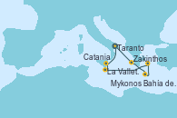 Visitando Taranto (Italia), Zakinthos (Grecia), Bahía de Souda (Grecia), Mykonos (Grecia), La Valletta (Malta), Catania (Sicilia), Taranto (Italia)