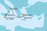 Visitando Catania (Sicilia), Taranto (Italia), Mykonos (Grecia), Santorini (Grecia), La Valletta (Malta), Catania (Sicilia)