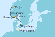 Visitando Copenhague (Dinamarca), Warnemunde (Alemania), Haugesund (Noruega), Stavanger (Noruega), Eidfjord (Hardangerfjord/Noruega), Kristiansand (Noruega), Copenhague (Dinamarca)