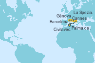 Visitando Palma de Mallorca (España), Barcelona, Cannes (Francia), Génova (Italia), La Spezia, Florencia y Pisa (Italia), Civitavecchia (Roma), Palma de Mallorca (España)