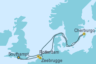 Visitando Southampton (Inglaterra), Rotterdam (Holanda), Rotterdam (Holanda), Cherburgo (Francia), Zeebrugge (Bruselas), Southampton (Inglaterra)