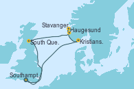 Visitando Southampton (Inglaterra), South Queensferry (Escocia), Stavanger (Noruega), Haugesund (Noruega), Kristiansand (Noruega), Southampton (Inglaterra)