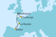 Visitando Southampton (Inglaterra), Gijón (Asturias/España), La Rochelle (Francia), Bilbao (España), Cherburgo (Francia), Southampton (Inglaterra)