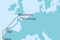 Visitando Southampton (Inglaterra), Lisboa (Portugal), Vigo (España), Cherburgo (Francia), Southampton (Inglaterra)