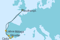 Visitando Southampton (Inglaterra), Lisboa (Portugal), Gibraltar (Inglaterra), Málaga, Cádiz (España), Southampton (Inglaterra)