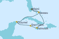 Visitando Miami (Florida/EEUU), Falmouth (Jamaica), Gran Caimán (Islas Caimán), Cozumel (México), Nassau (Bahamas), Miami (Florida/EEUU)