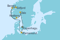 Visitando Copenhague (Dinamarca), Warnemunde (Alemania), Eidfjord (Hardangerfjord/Noruega), Bergen (Noruega), Kristiansand (Noruega), Oslo (Noruega), Copenhague (Dinamarca)