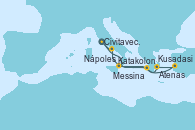 Visitando Civitavecchia (Roma), Kusadasi (Efeso/Turquía), Atenas (Grecia), Katakolon (Olimpia/Grecia), Messina (Sicilia), Nápoles (Italia), Civitavecchia (Roma)