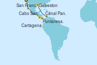 Visitando San Francisco (California/EEUU), Cabo San Lucas (México), Puntarenas (Costa Rica), Canal Panamá, Cartagena de Indias (Colombia), Galveston (Texas)