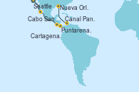 Visitando Seattle (Washington/EEUU), Cabo San Lucas (México), Puntarenas (Costa Rica), Canal Panamá, Cartagena de Indias (Colombia), Nueva Orleans (Luisiana)