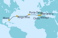 Visitando Barcelona, Málaga, Cádiz (España), Ponta Delgada (Azores), Kings Wharf (Bermudas), Miami (Florida/EEUU)