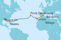 Visitando Nueva Orleans (Luisiana), Nassau (Bahamas), Ponta Delgada (Azores), Funchal (Madeira), Málaga, Alicante (España), Barcelona