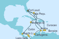 Visitando Fort Lauderdale (Florida/EEUU), Isla Pequeña (San Salvador/Bahamas), Aruba (Antillas), Cartagena de Indias (Colombia), Lago Gatun (Panamá), Colón (Panamá), Puerto Limón (Costa Rica), Montego Bay (Jamaica), Fort Lauderdale (Florida/EEUU), Curacao (Antillas), Bonaire (Países Bajos), Aruba (Antillas), Isla Pequeña (San Salvador/Bahamas), Fort Lauderdale (Florida/EEUU)