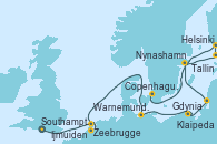 Visitando Southampton (Inglaterra), Zeebrugge (Bruselas), Ijmuiden (Ámsterdam), Warnemunde (Alemania), Gdynia (Polonia), Klaipeda (Lituania), Nynashamn (Suecia), Tallin (Estonia), Helsinki (Finlandia), Copenhague (Dinamarca)