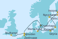 Visitando Copenhague (Dinamarca), Helsinki (Finlandia), Tallin (Estonia), Nynashamn (Suecia), Klaipeda (Lituania), Gdynia (Polonia), Warnemunde (Alemania), Ijmuiden (Ámsterdam), Zeebrugge (Bruselas), Southampton (Inglaterra)