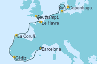 Visitando Barcelona, Cádiz (España), La Coruña (Galicia/España), Le Havre (Francia), Southampton (Inglaterra), Kiel (Alemania), Copenhague (Dinamarca)