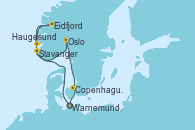 Visitando Warnemunde (Alemania), Haugesund (Noruega), Eidfjord (Hardangerfjord/Noruega), Stavanger (Noruega), Oslo (Noruega), Copenhague (Dinamarca), Warnemunde (Alemania)
