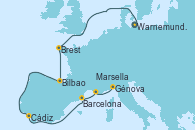 Visitando Warnemunde (Alemania), Brest (Francia), Bilbao (España), Cádiz (España), Barcelona, Marsella (Francia), Génova (Italia)