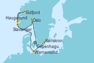 Visitando Copenhague (Dinamarca), Karlskrona (Suecia), Warnemunde (Alemania), Haugesund (Noruega), Eidfjord (Hardangerfjord/Noruega), Stavanger (Noruega), Oslo (Noruega), Copenhague (Dinamarca)