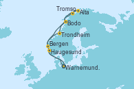 Visitando Warnemunde (Alemania), Haugesund (Noruega), Tromso (Noruega), Alta (Noruega), Alta (Noruega), Bodo (Noruega), Trondheim (Noruega), Bergen (Noruega), Warnemunde (Alemania)
