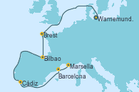Visitando Warnemunde (Alemania), Brest (Francia), Bilbao (España), Cádiz (España), Barcelona, Marsella (Francia)