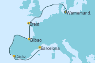 Visitando Warnemunde (Alemania), Brest (Francia), Bilbao (España), Cádiz (España), Barcelona