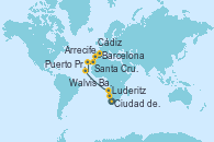 Visitando Ciudad del Cabo (Sudáfrica), Luderitz (Namibia), Walvis Bay (Namibia), Puerto Praia (Cabo Verde), Santa Cruz de Tenerife (España), Arrecife (Lanzarote/España), Cádiz (España), Barcelona