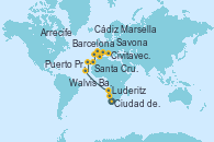 Visitando Ciudad del Cabo (Sudáfrica), Luderitz (Namibia), Walvis Bay (Namibia), Puerto Praia (Cabo Verde), Santa Cruz de Tenerife (España), Arrecife (Lanzarote/España), Cádiz (España), Barcelona, Marsella (Francia), Savona (Italia), Civitavecchia (Roma)