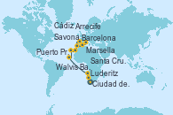 Visitando Ciudad del Cabo (Sudáfrica), Luderitz (Namibia), Walvis Bay (Namibia), Puerto Praia (Cabo Verde), Santa Cruz de Tenerife (España), Arrecife (Lanzarote/España), Cádiz (España), Barcelona, Marsella (Francia), Savona (Italia)