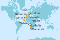 Visitando Ciudad del Cabo (Sudáfrica), Luderitz (Namibia), Walvis Bay (Namibia), Puerto Praia (Cabo Verde), Santa Cruz de Tenerife (España), Arrecife (Lanzarote/España), Cádiz (España), Barcelona, Marsella (Francia)