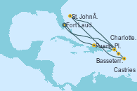 Visitando Fort Lauderdale (Florida/EEUU), Basseterre (Antillas), Castries (Santa Lucía/Caribe), St. John´s (Antigua y Barbuda), Charlotte Amalie (St. Thomas), Puerto Plata, Republica Dominicana, Fort Lauderdale (Florida/EEUU)