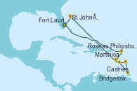 Visitando Fort Lauderdale (Florida/EEUU), Philipsburg (St. Maarten), Martinica (Antillas), Castries (Santa Lucía/Caribe), Bridgetown (Barbados), Roseau (Dominica), St. John´s (Antigua y Barbuda), Fort Lauderdale (Florida/EEUU)