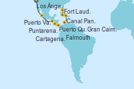 Visitando Los Ángeles (California), Puerto Vallarta (México), Puerto Quetzal (Guatemala), Puntarenas (Costa Rica), Canal Panamá, Cartagena de Indias (Colombia), Falmouth (Jamaica), Gran Caimán (Islas Caimán), Fort Lauderdale (Florida/EEUU)