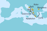 Visitando Bari (Italia), Dubrovnik (Croacia), Corfú (Grecia), Katakolon (Olimpia/Grecia), Kotor (Montenegro), Split (Croacia), Marghera (Venecia/Italia), Bari (Italia)