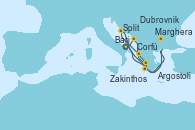 Visitando Bari (Italia), Dubrovnik (Croacia), Zakinthos (Grecia), Argostoli (Grecia), Corfú (Grecia), Split (Croacia), Marghera (Venecia/Italia), Bari (Italia)