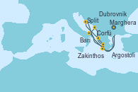 Visitando Marghera (Venecia/Italia), Bari (Italia), Dubrovnik (Croacia), Zakinthos (Grecia), Argostoli (Grecia), Corfú (Grecia), Split (Croacia), Marghera (Venecia/Italia)