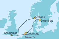Visitando Southampton (Inglaterra), Zeebrugge (Bruselas), Ámsterdam (Holanda), Gotemburgo (Suecia), Kristiansand (Noruega), Southampton (Inglaterra)