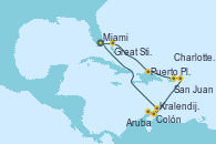 Visitando Miami (Florida/EEUU), Great Stirrup Cay (Bahamas), Puerto Plata, Republica Dominicana, San Juan (Puerto Rico), Charlotte Amalie (St. Thomas), Colón, Aruba (Antillas), Kralendijk (Antillas), Miami (Florida/EEUU)
