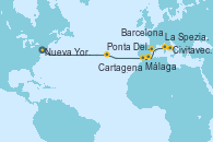 Visitando Nueva York (Estados Unidos), Ponta Delgada (Azores), Málaga, Cartagena (Murcia), Barcelona, La Spezia, Florencia y Pisa (Italia), Civitavecchia (Roma)