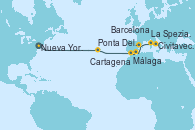 Visitando Nueva Jersey (Estados Unidos), Ponta Delgada (Azores), Málaga, Cartagena (Murcia), Barcelona, La Spezia, Florencia y Pisa (Italia), Civitavecchia (Roma)