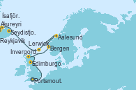 Visitando Portsmouth (Inglaterra), Edimburgo (Escocia), Invergordon (Escocia), Bergen (Noruega), Aalesund (Noruega), Lerwick (Escocia), Seydisfjordur (Islandia), Akureyri (Islandia), Ísafjörður (Islandia), Reykjavik (Islandia)