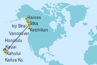 Visitando Honolulu (Hawai), Honolulu (Hawai), Kahului (Hawai/EEUU), Kahului (Hawai/EEUU), Kailua Kona (Hawai/EEUU), Kauai (Hawai), Sitka (Alaska), Haines (Alaska), Icy Strait Point (Alaska), Ketchikan (Alaska), Vancouver (Canadá)