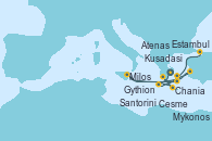 Visitando Atenas (Grecia), Gythion (Grecia), Chania (Creta/Grecia), Milos (Grecia), Santorini (Grecia), Mykonos (Grecia), Kusadasi (Efeso/Turquía), Cesme (Turquía), Estambul (Turquía)